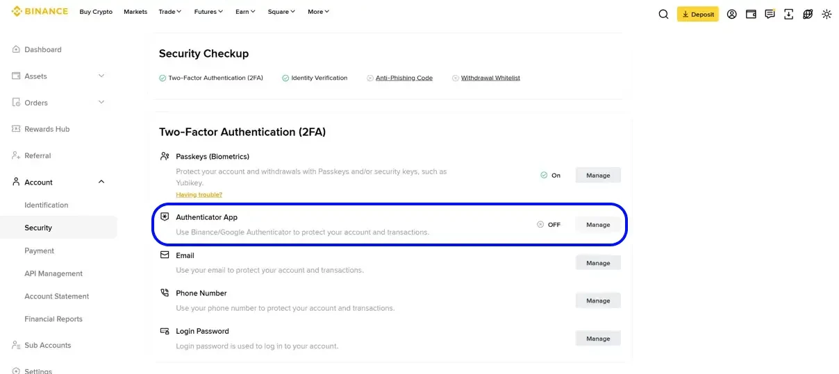 Binance security settings