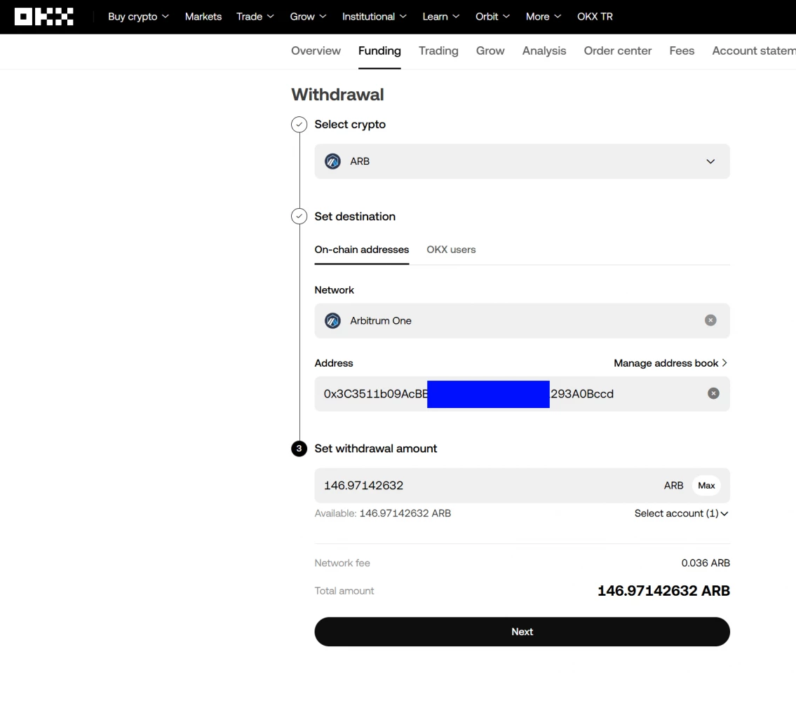 OKX withdrawal form