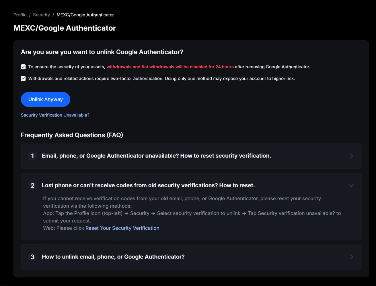 Unlink confirmation